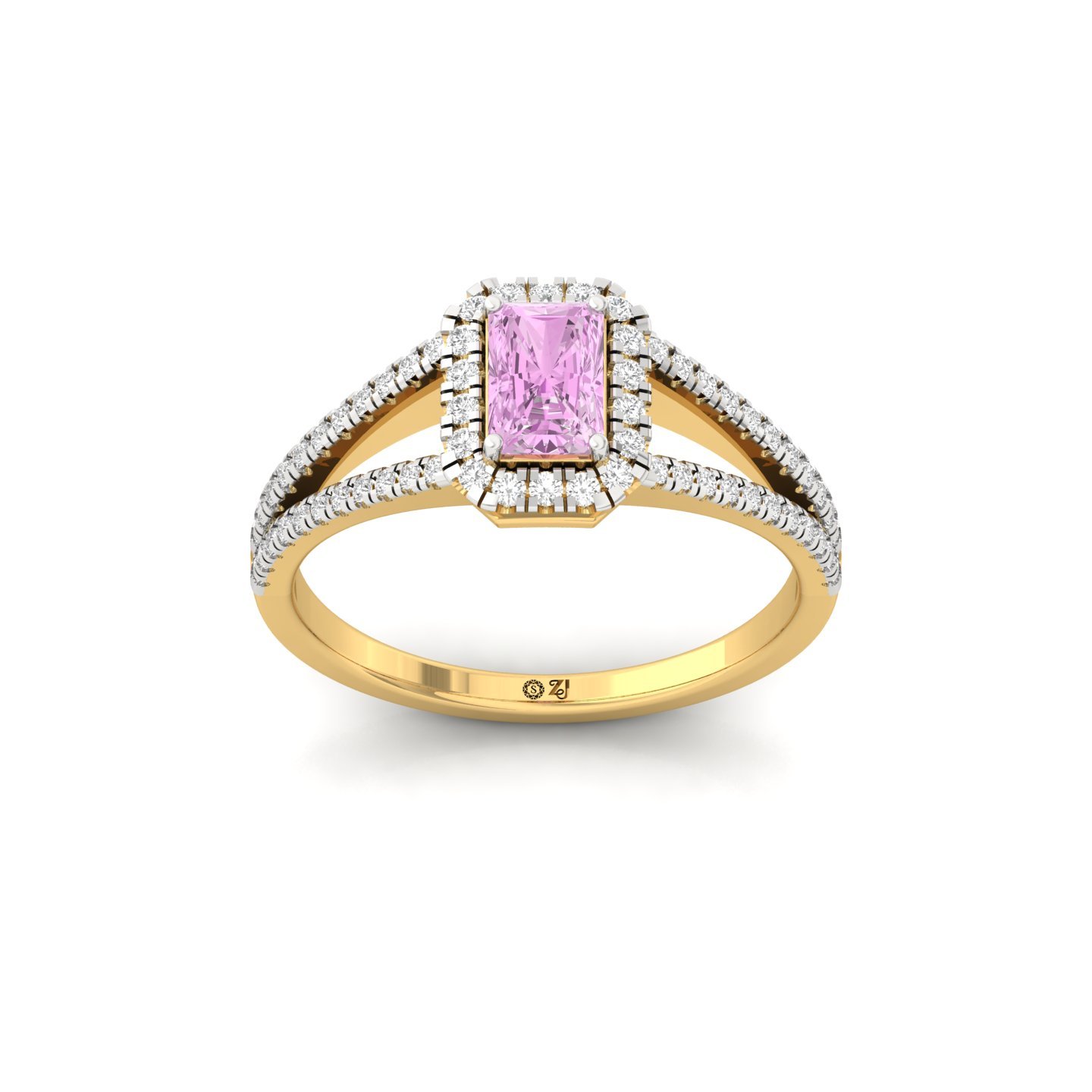 Pink Radiant Cut Diamond Halo Engagement Ring | Lab Grown Diamond Split Shank Ring | 925 Silver | 10K | 14K | 18K - Gold Main View