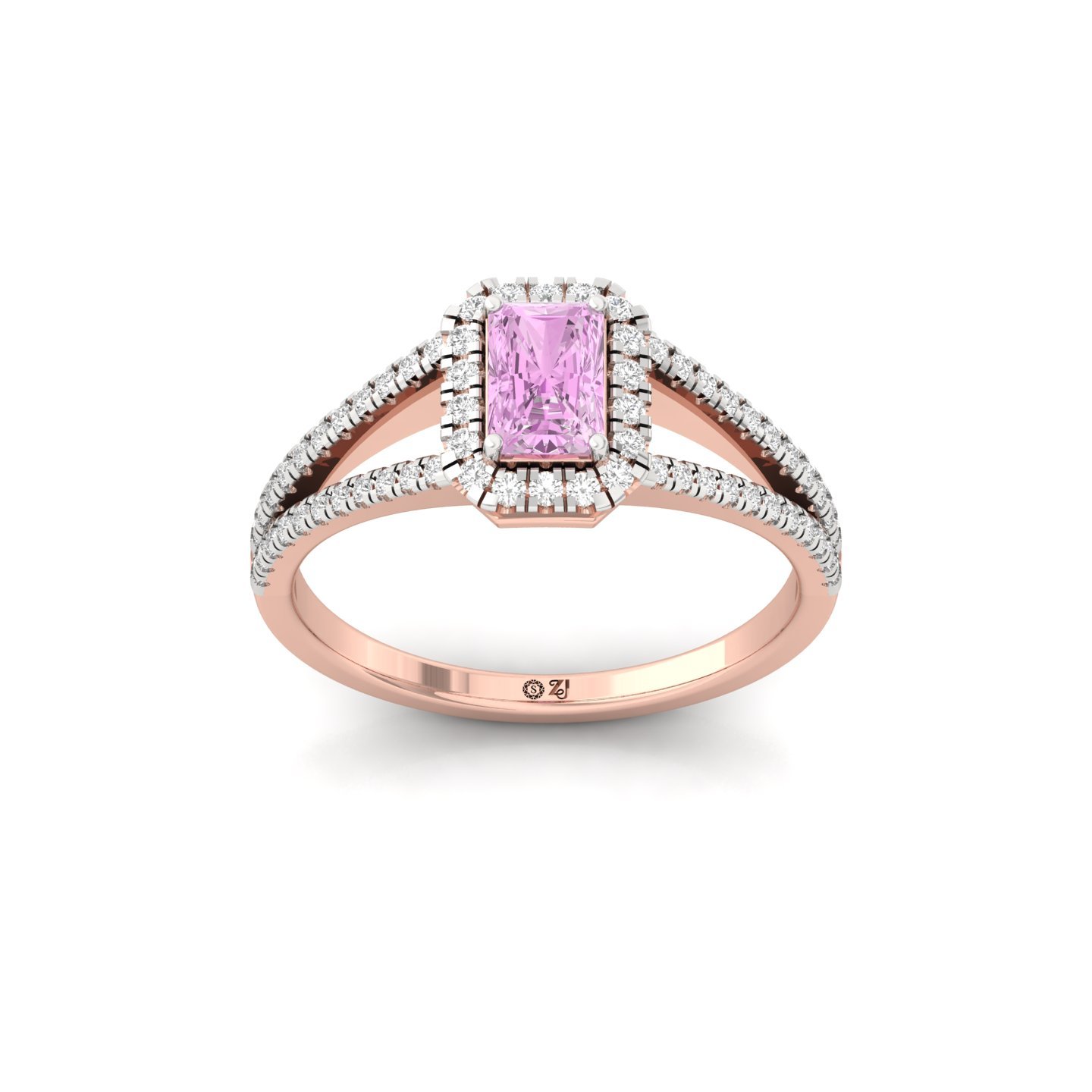 Pink Radiant Cut Diamond Halo Engagement Ring | Lab Grown Diamond Split Shank Ring | 925 Silver | 10K | 14K | 18K - Rose Gold Main View