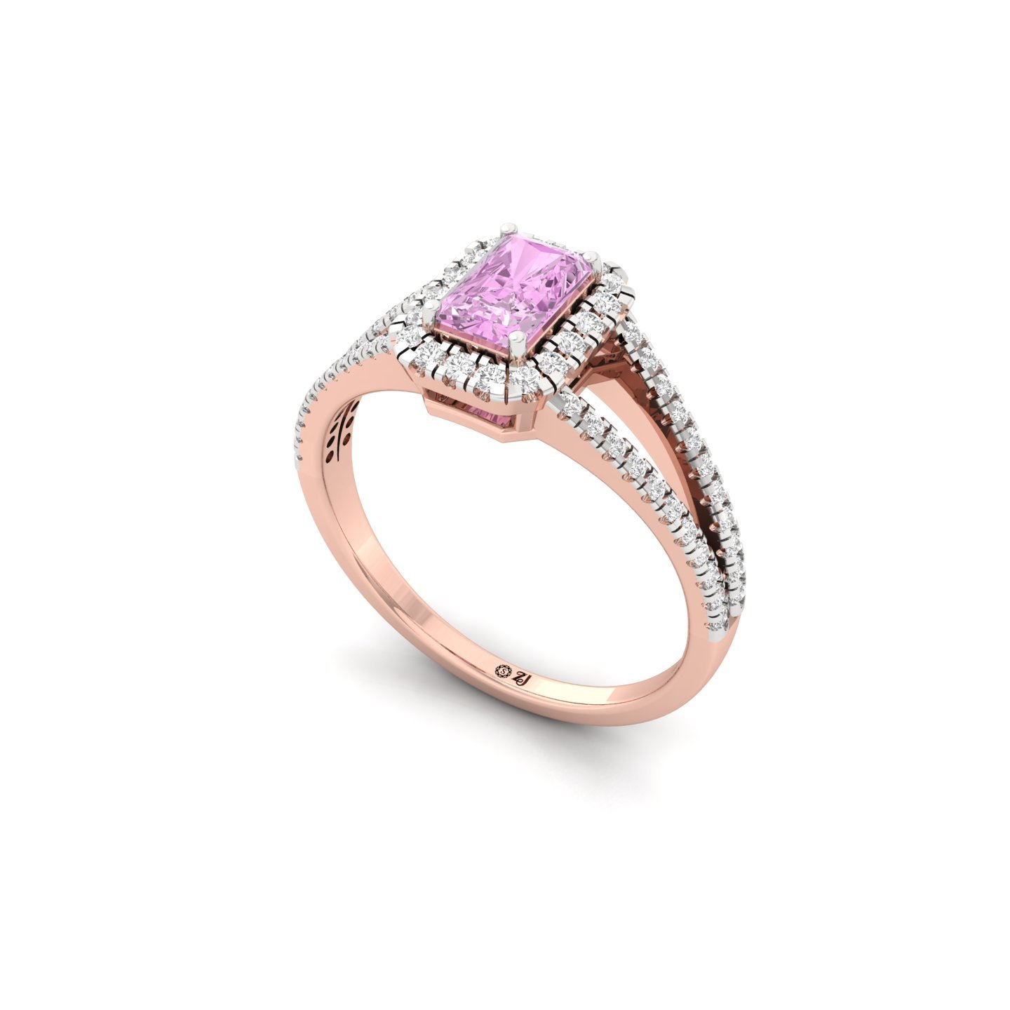 Pink Radiant Cut Diamond Halo Engagement Ring | Lab Grown Diamond Split Shank Ring | 925 Silver | 10K | 14K | 18K - View 2