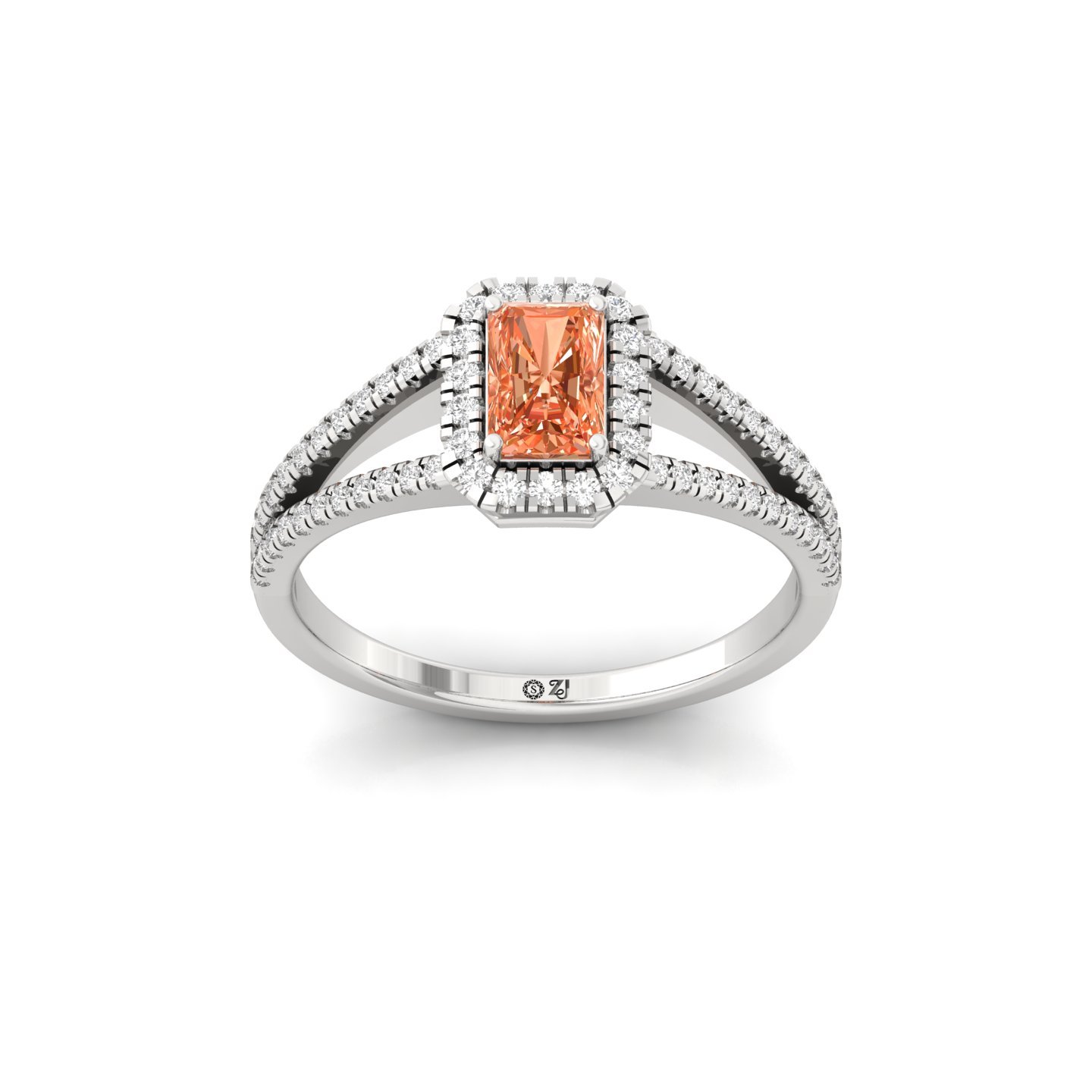 Orange Radiant Cut Diamond Halo Engagement Ring | Lab Grown Diamond Split Shank Ring | 925 Silver | 10K | 14K | 18K - Main View