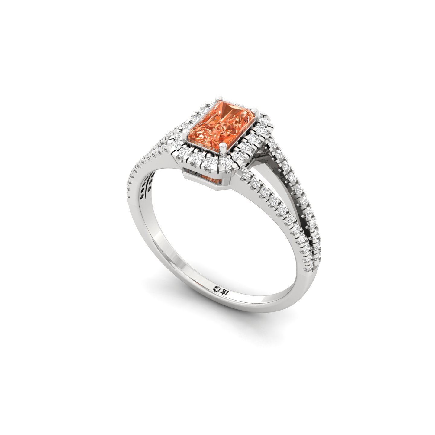 Orange Radiant Cut Diamond Halo Engagement Ring | Lab Grown Diamond Split Shank Ring | 925 Silver | 10K | 14K | 18K - View 2