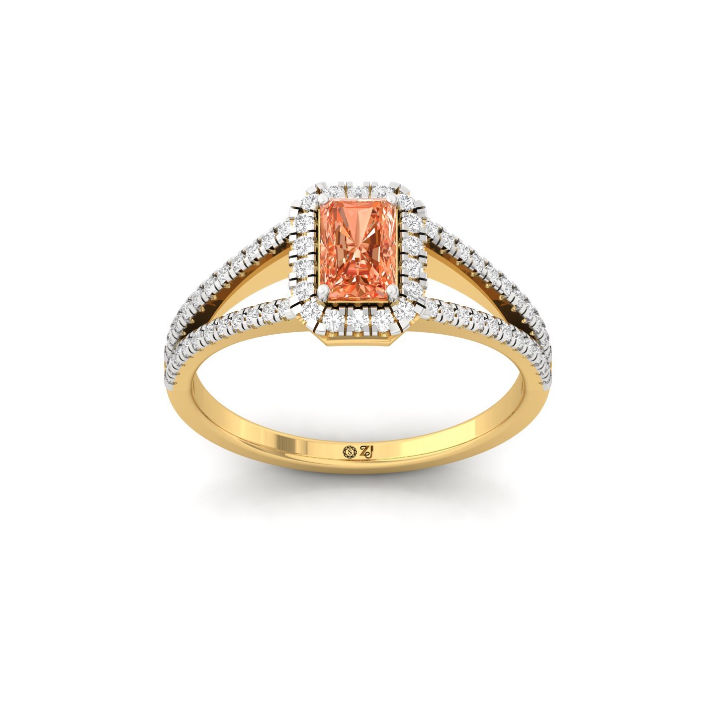 Orange Radiant Cut Diamond Halo Engagement Ring | Lab Grown Diamond Split Shank Ring | 925 Silver | 10K | 14K | 18K - Gold Main View