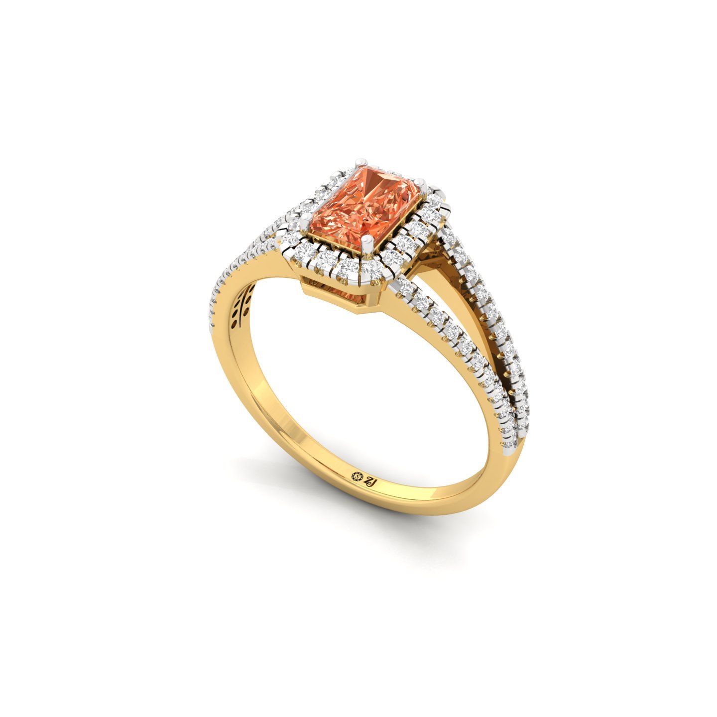 Orange Radiant Cut Diamond Halo Engagement Ring | Lab Grown Diamond Split Shank Ring | 925 Silver | 10K | 14K | 18K - View 2