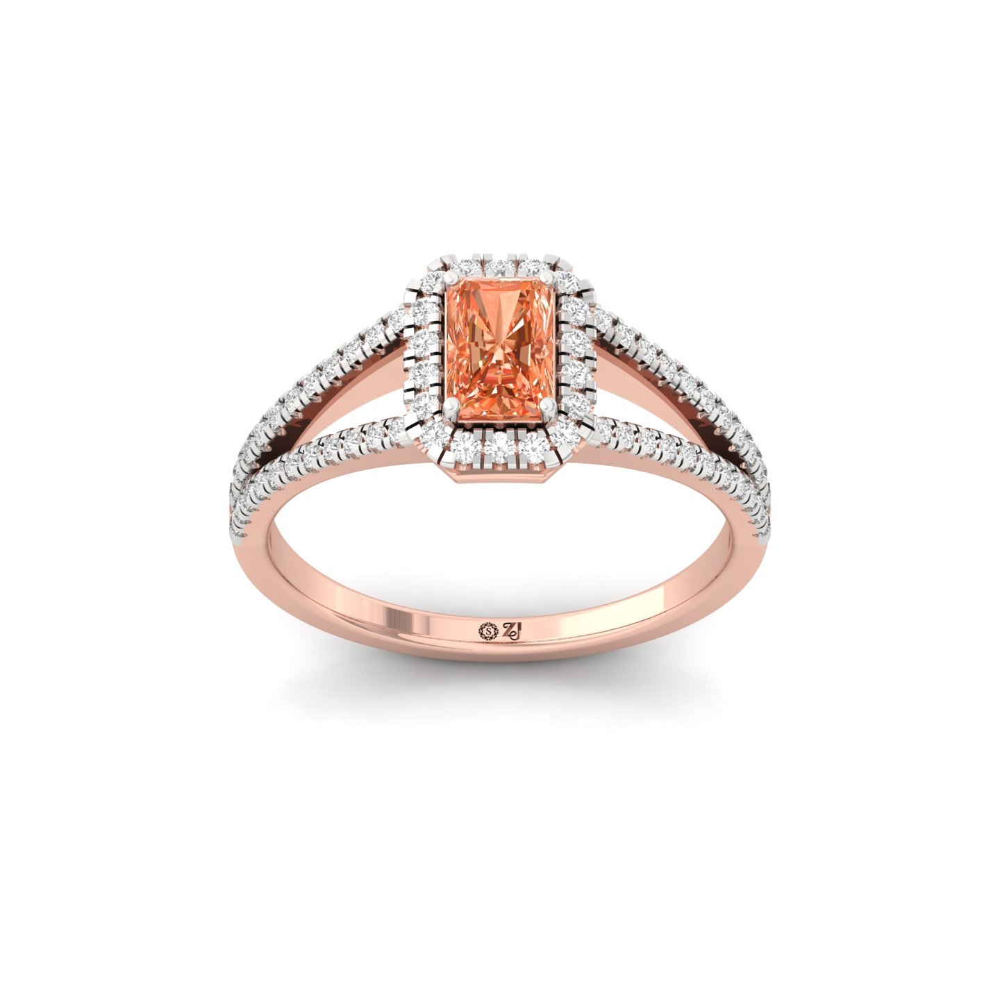 Orange Radiant Cut Diamond Halo Engagement Ring | Lab Grown Diamond Split Shank Ring | 925 Silver | 10K | 14K | 18K - Rose Gold Main View