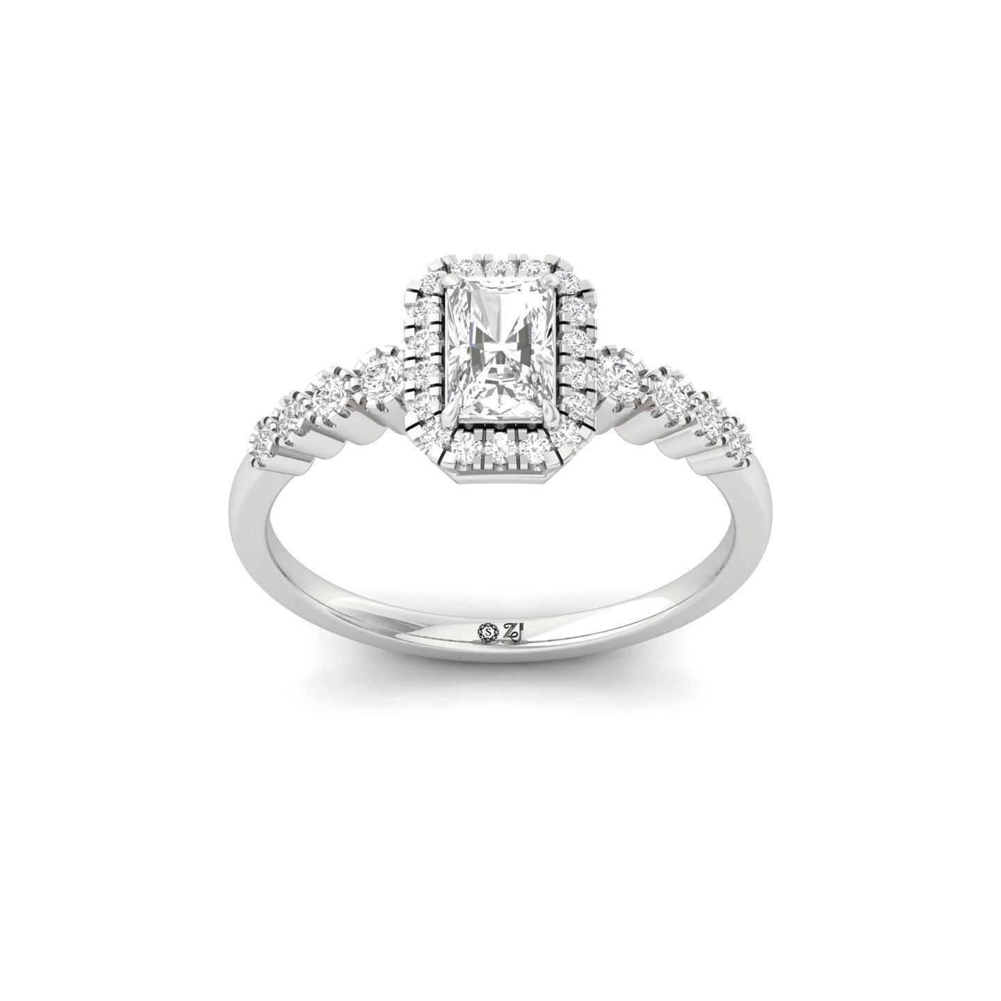 Radiant Cut Diamond Halo Engagement Ring | Lab Grown Diamond Solitaire Ring with Side Stones | 925 Silver | 10K | 14K | 18K - Main View