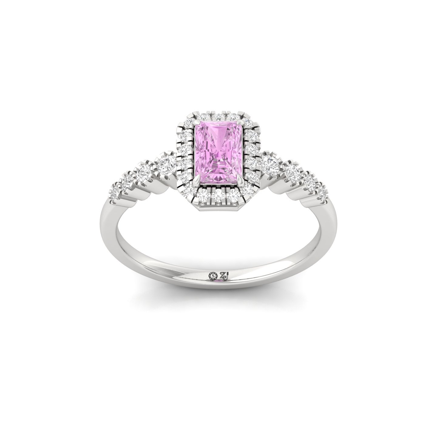 Pink Radiant Cut Diamond Halo Engagement Ring | Lab Grown Solitaire Ring with Side Diamonds | 925 Silver | 10K | 14K | 18K - Main View