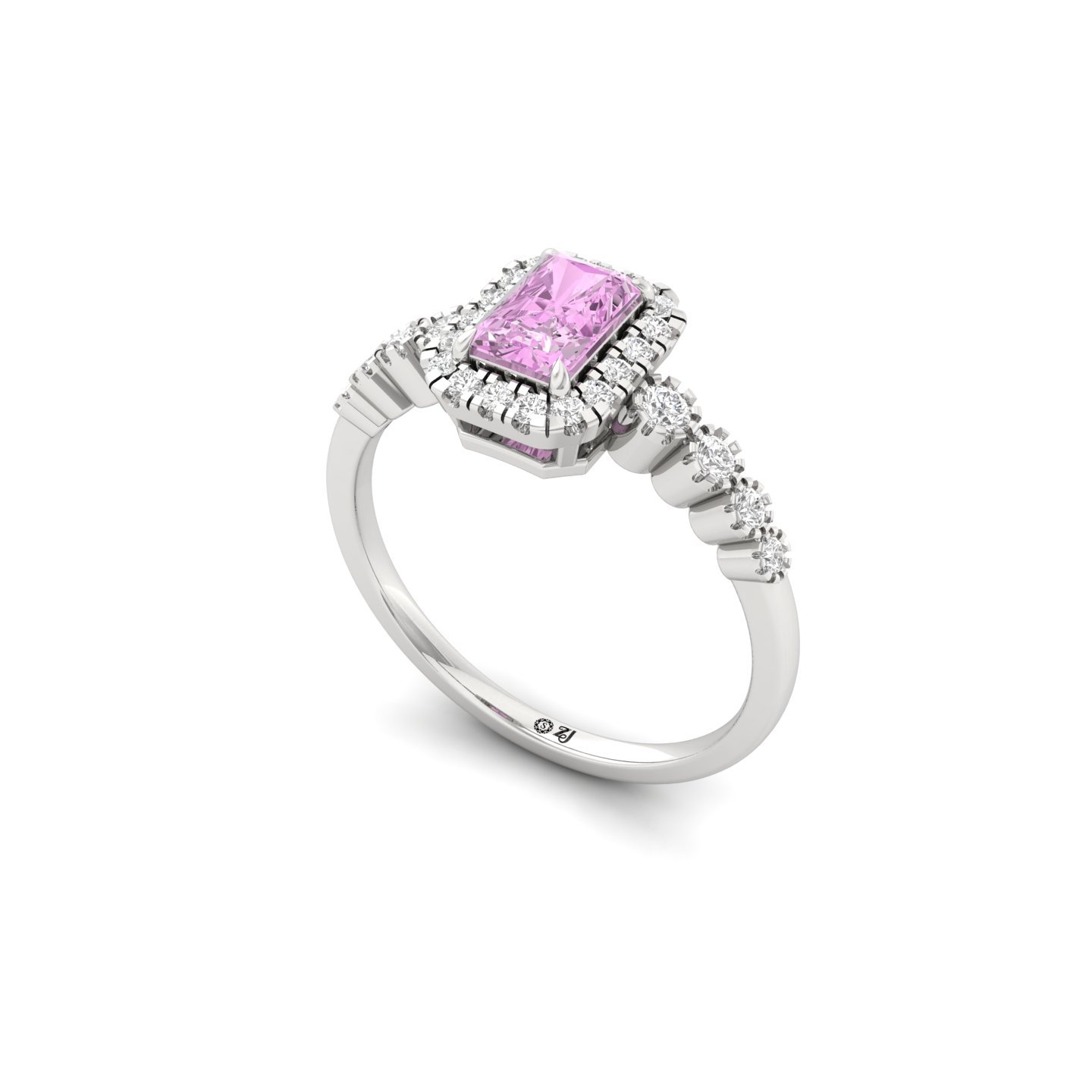 Pink Radiant Cut Diamond Halo Engagement Ring | Lab Grown Solitaire Ring with Side Diamonds | 925 Silver | 10K | 14K | 18K - View 2