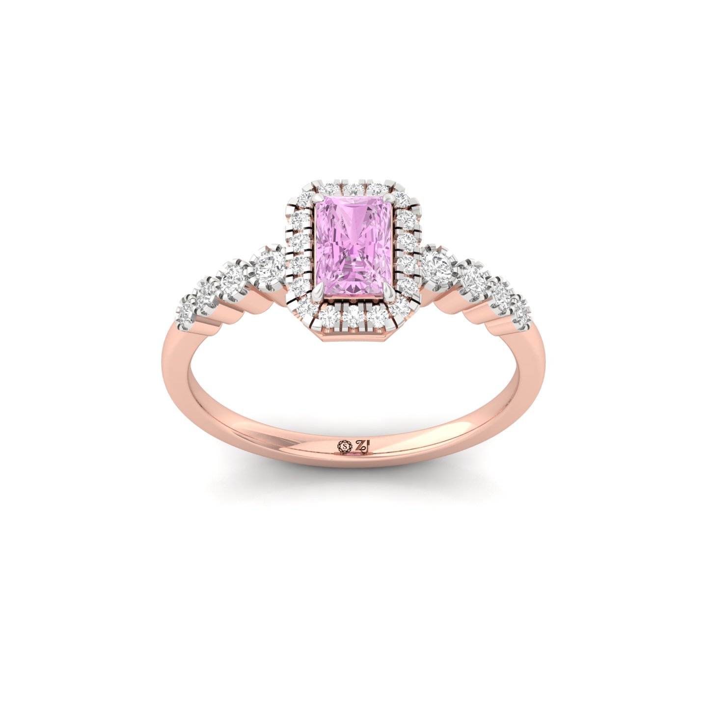 Pink Radiant Cut Diamond Halo Engagement Ring | Lab Grown Solitaire Ring with Side Diamonds | 925 Silver | 10K | 14K | 18K - Rose Gold Main View