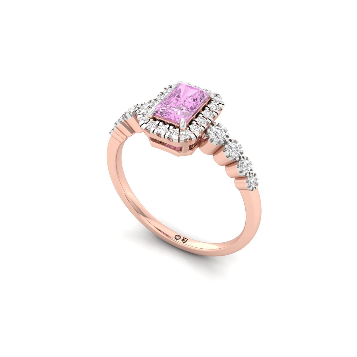 Pink Radiant Cut Diamond Halo Engagement Ring | Lab Grown Solitaire Ring with Side Diamonds | 925 Silver | 10K | 14K | 18K - View 2