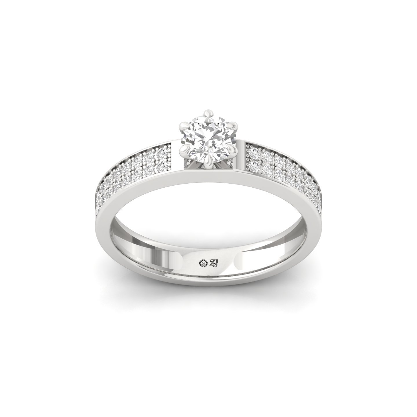 Round Cut Diamond Engagement Ring | Lab Grown CVD Solitaire with Pave Band | 925 Silver | 10K | 14K | 18K - Main View