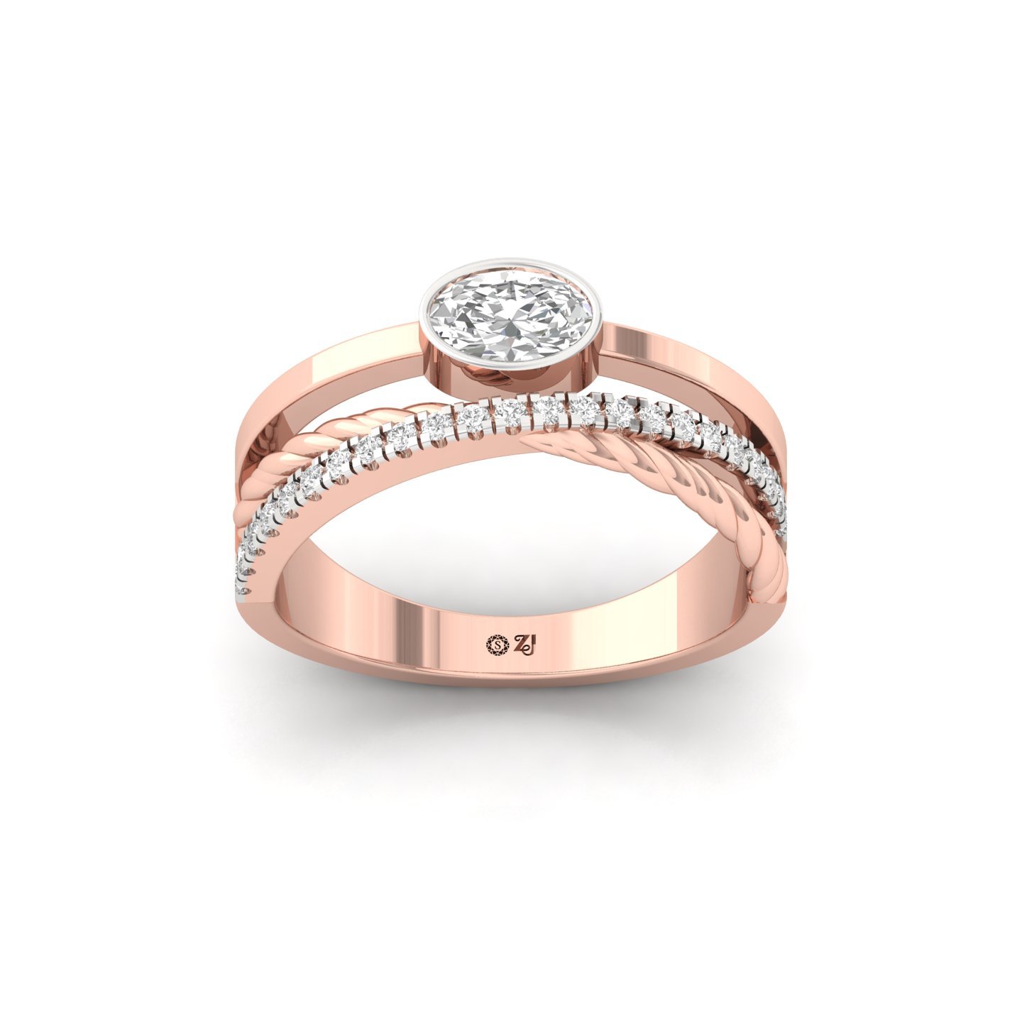 Oval Cut Diamond Engagement Ring | Lab Grown CVD Diamond with Dual Band & Modern Bezel Setting | 925 Silver | 10K | 14K | 18K - Rose Gold Main View