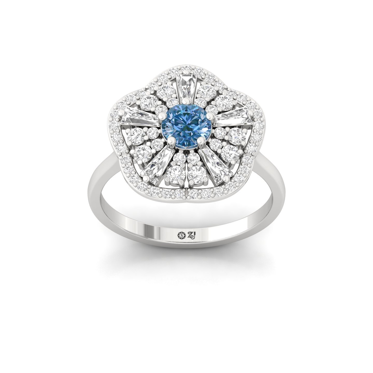 Blue Round Cut Diamond Floral Cocktail Ring | Lab Grown CVD Diamond Designer Statement Ring | 925 Silver | 10K | 14K | 18K - Main View