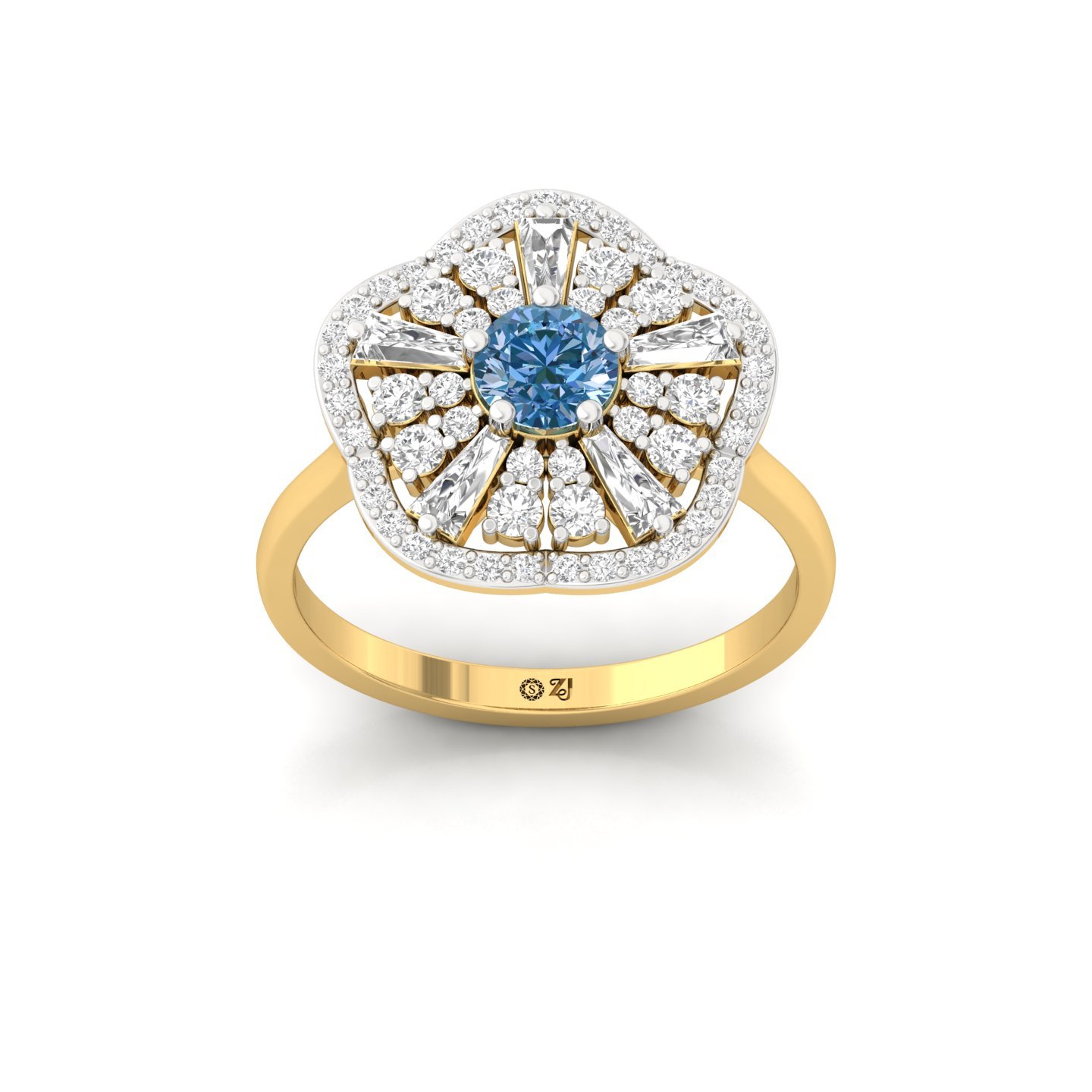 Blue Round Cut Diamond Floral Cocktail Ring | Lab Grown CVD Diamond Designer Statement Ring | 925 Silver | 10K | 14K | 18K - Gold Main View