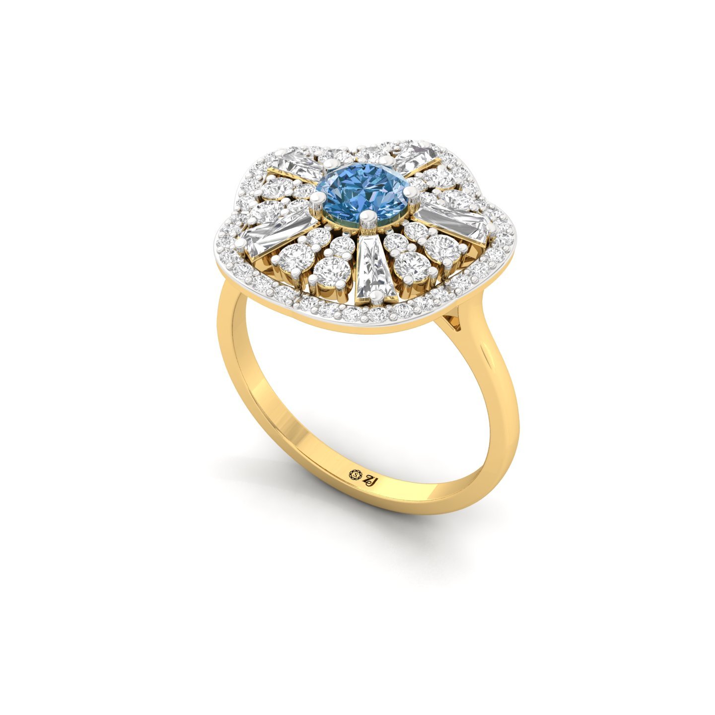 Blue Round Cut Diamond Floral Cocktail Ring | Lab Grown CVD Diamond Designer Statement Ring | 925 Silver | 10K | 14K | 18K - View 2