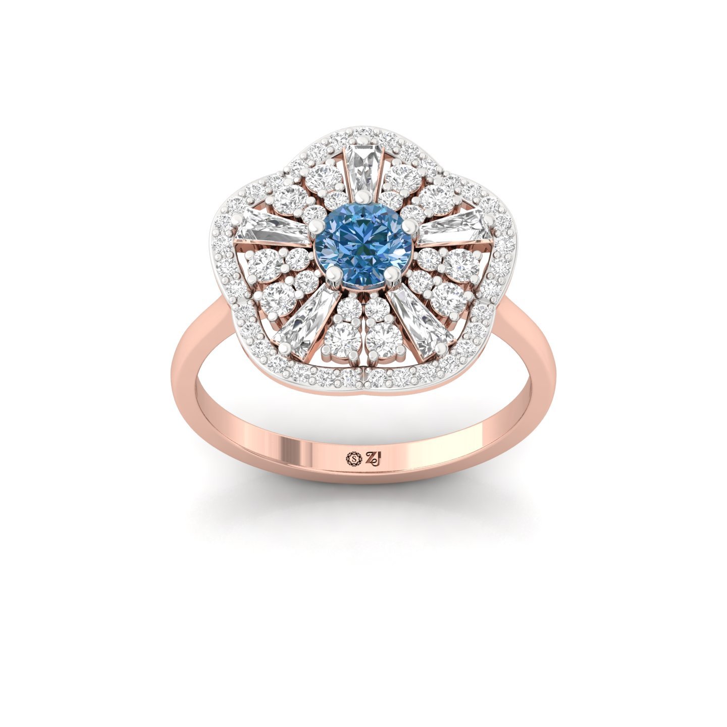 Blue Round Cut Diamond Floral Cocktail Ring | Lab Grown CVD Diamond Designer Statement Ring | 925 Silver | 10K | 14K | 18K - Rose Gold Main View