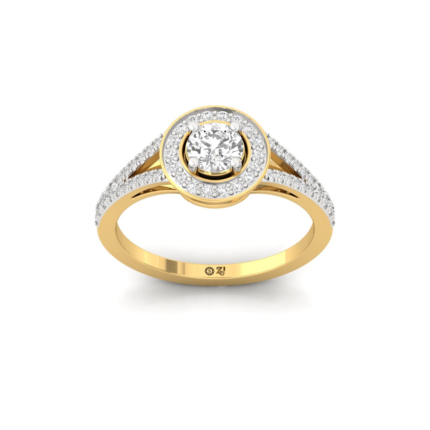 Round Cut Diamond Halo Engagement Ring | Lab Grown CVD Diamond Split Shank Ring | 10K | 14K | 18K - Gold Main View