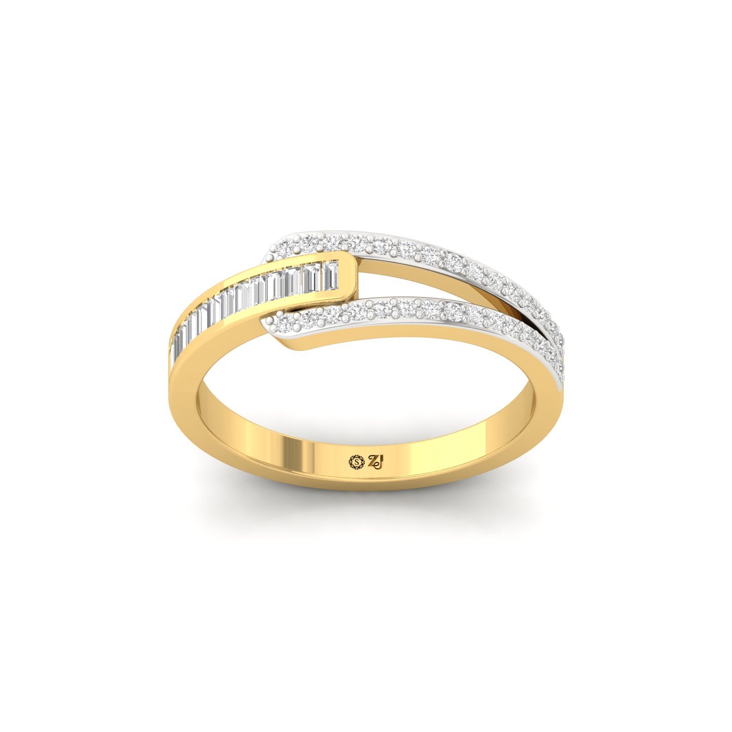 Baguette Cut Diamond Crossover Ring | Lab Grown CVD Diamond Split Shank Band | 925 Silver | 10K | 14K | 18K - Gold Main View