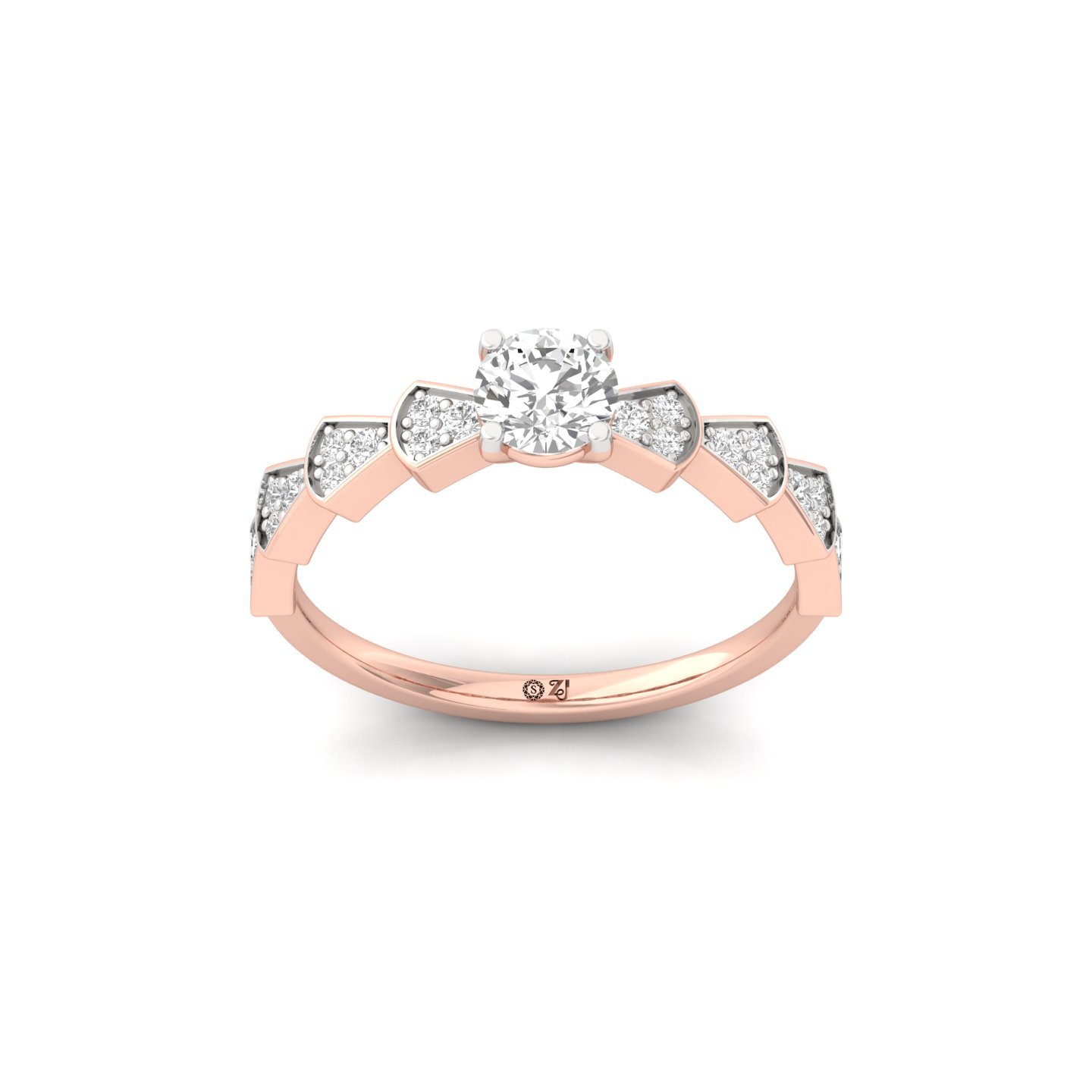Round Cut Diamond Designer Engagement Ring | Lab Grown CVD Diamond Solitaire with Geometric Band | 925 Silver | 10K | 14K | 18K - Rose Gold Main View