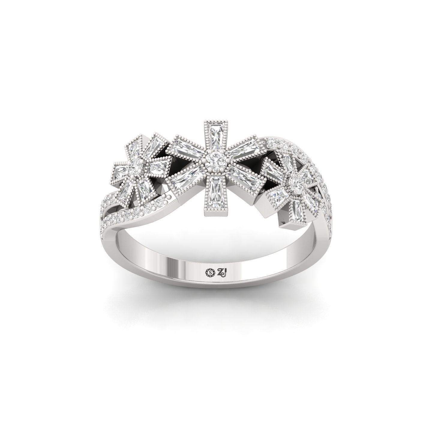Baguette & Round Cut Diamond Designer Ring | Lab Grown CVD Diamond Floral Bow Style Ring | 925 Silver | 10K | 14K | 18K - Main View