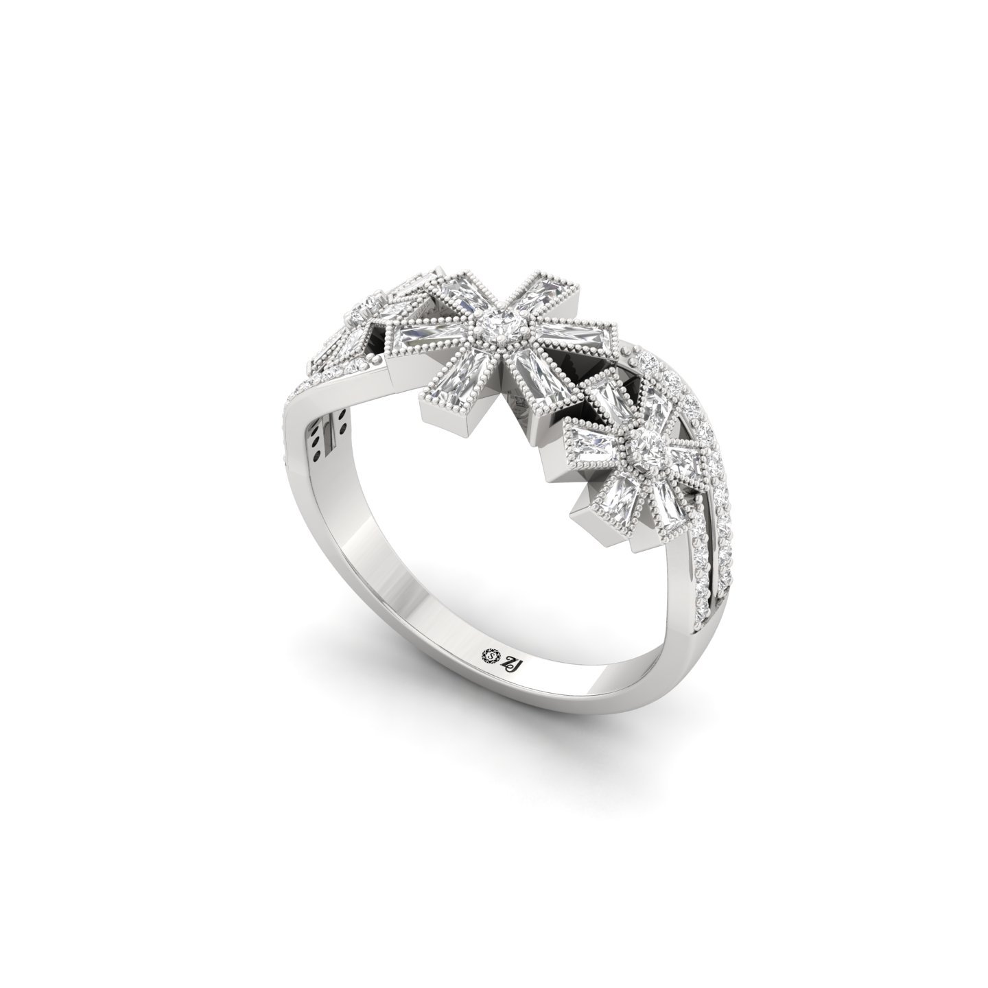 Baguette & Round Cut Diamond Designer Ring | Lab Grown CVD Diamond Floral Bow Style Ring | 925 Silver | 10K | 14K | 18K - View 2