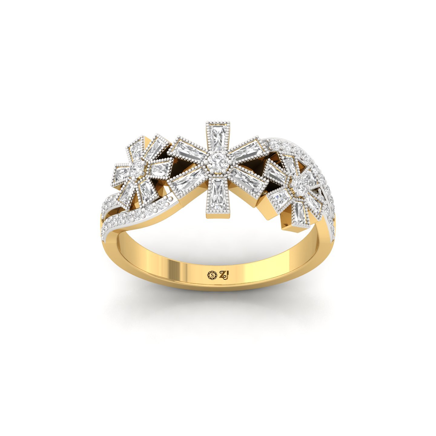Baguette & Round Cut Diamond Designer Ring | Lab Grown CVD Diamond Floral Bow Style Ring | 925 Silver | 10K | 14K | 18K - Gold Main View