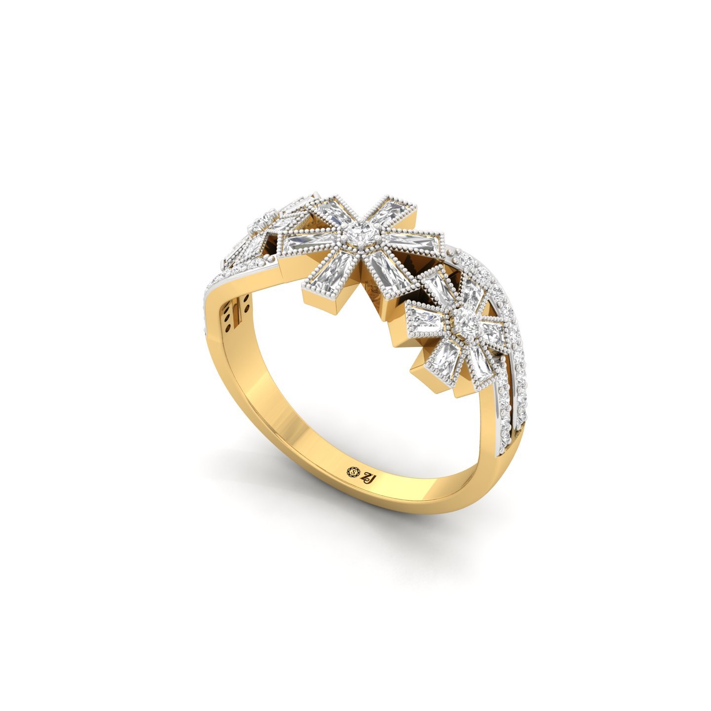 Baguette & Round Cut Diamond Designer Ring | Lab Grown CVD Diamond Floral Bow Style Ring | 925 Silver | 10K | 14K | 18K - View 2