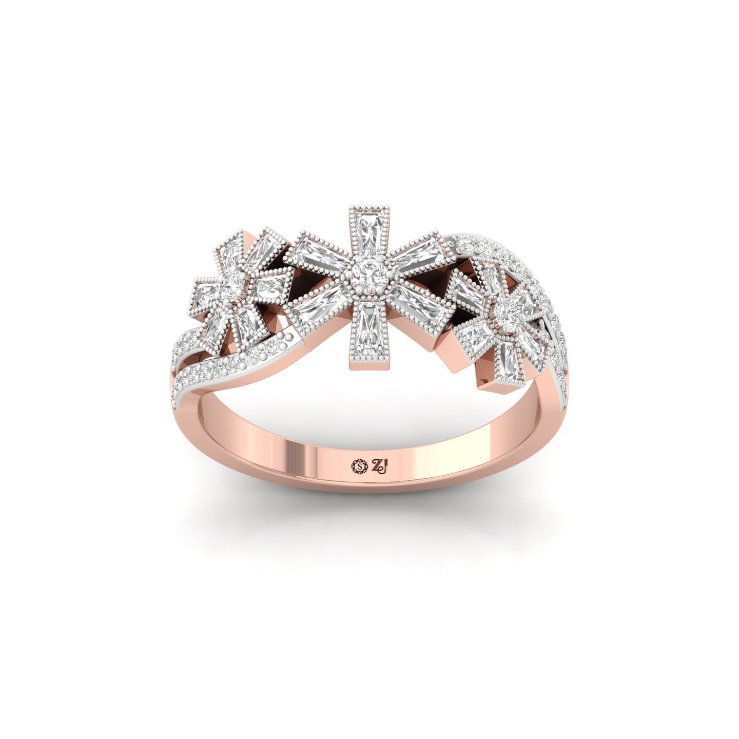Baguette & Round Cut Diamond Designer Ring | Lab Grown CVD Diamond Floral Bow Style Ring | 925 Silver | 10K | 14K | 18K - Rose Gold Main View