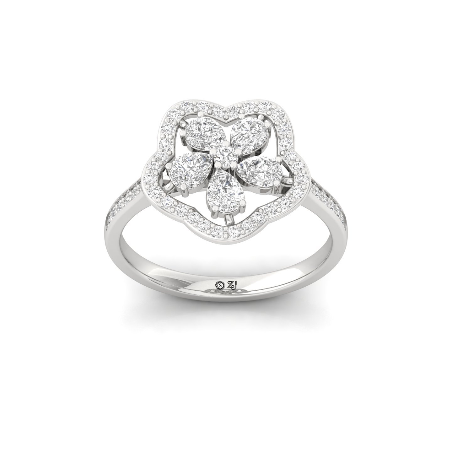 Pear Cut Diamond Floral Designer Ring | Lab Grown CVD Diamond Flower Halo Ring | 925 Silver | 10K | 14K | 18K - Main View