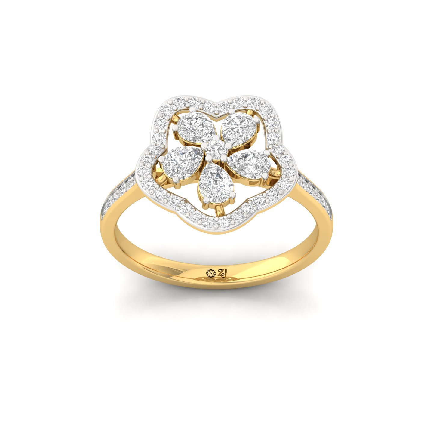 Pear Cut Diamond Floral Designer Ring | Lab Grown CVD Diamond Flower Halo Ring | 925 Silver | 10K | 14K | 18K - Gold Main View