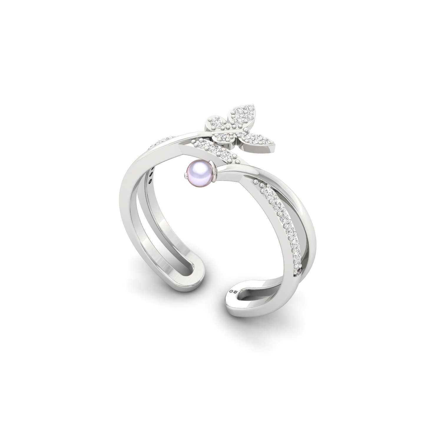 Diamond & Pearl Butterfly Ring | Nature Inspired Lab Grown CVD Diamond Jewelry | 925 Silver | 10K | 14K | 18K - View 2