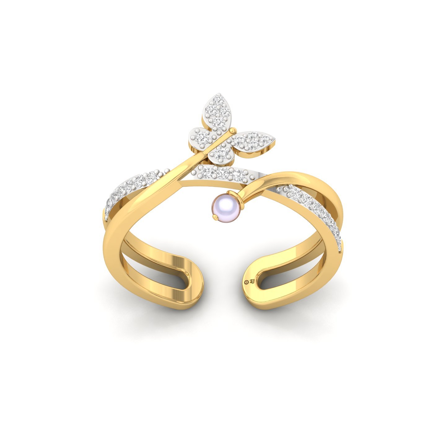 Diamond & Pearl Butterfly Ring | Nature Inspired Lab Grown CVD Diamond Jewelry | 925 Silver | 10K | 14K | 18K - Gold Main View