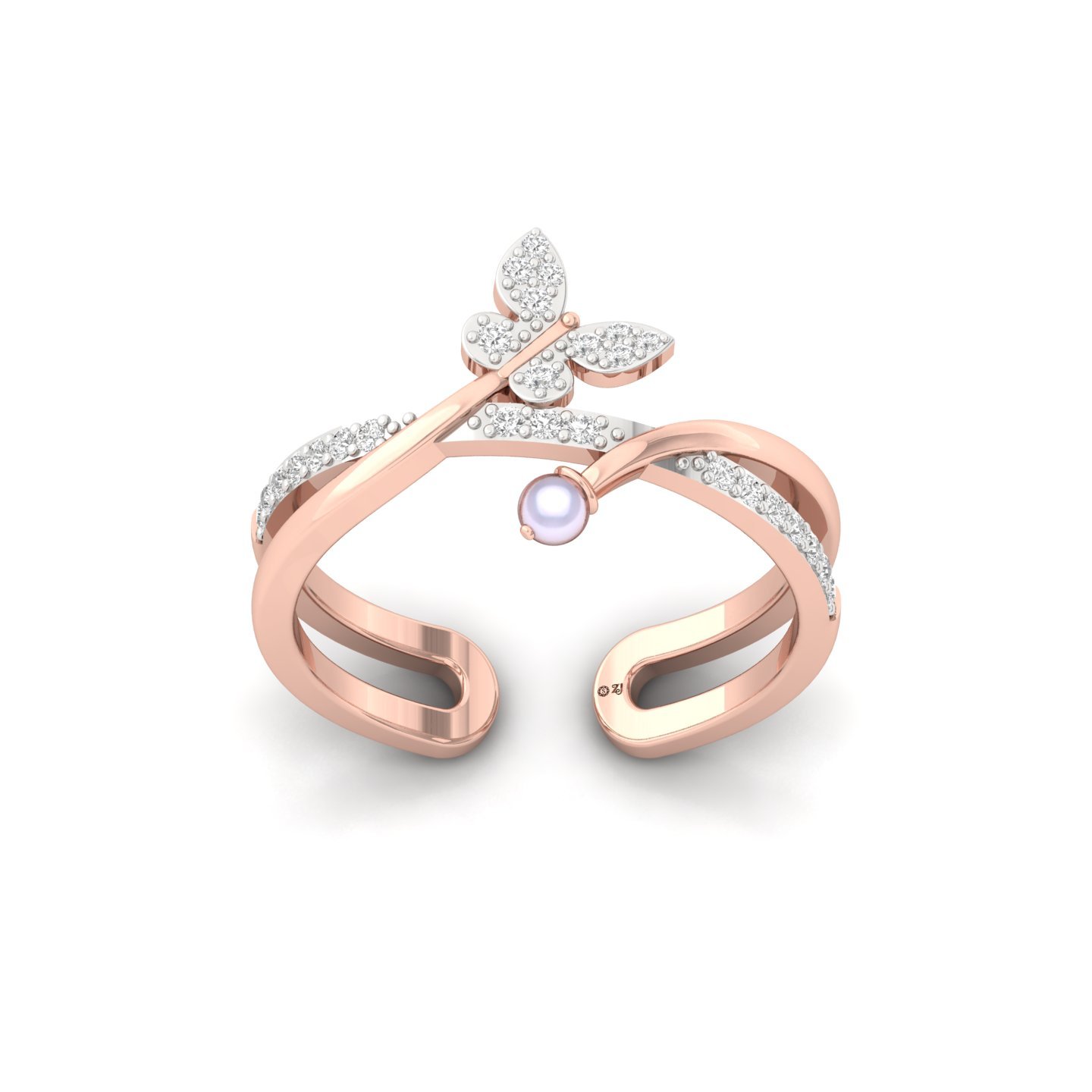 Diamond & Pearl Butterfly Ring | Nature Inspired Lab Grown CVD Diamond Jewelry | 925 Silver | 10K | 14K | 18K - Rose Gold Main View