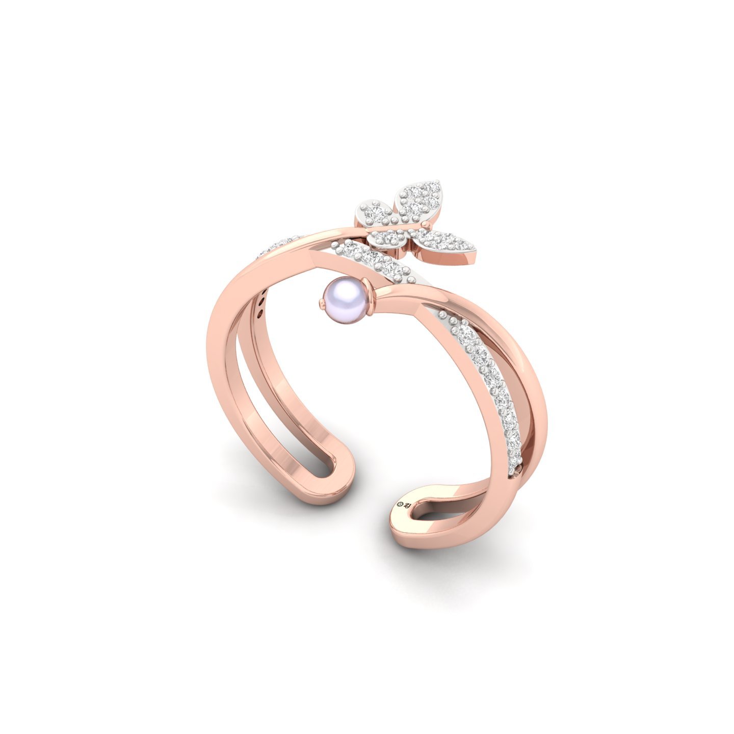 Diamond & Pearl Butterfly Ring | Nature Inspired Lab Grown CVD Diamond Jewelry | 925 Silver | 10K | 14K | 18K - View 2