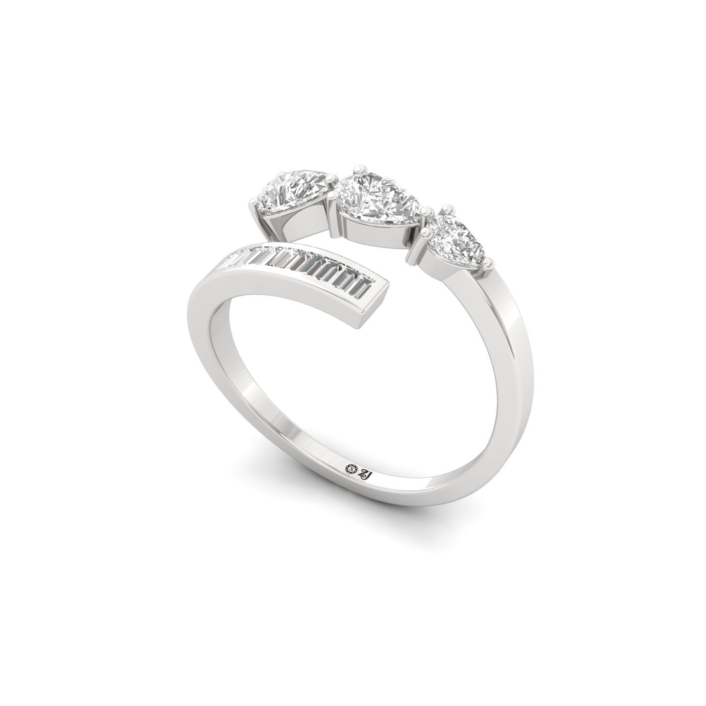 Pear & Oval Three Stone Diamond Engagement Ring | Modern Lab Grown CVD Diamond Baguette Band Ring | 925 Silver | 10K | 14K | 18K - View 2