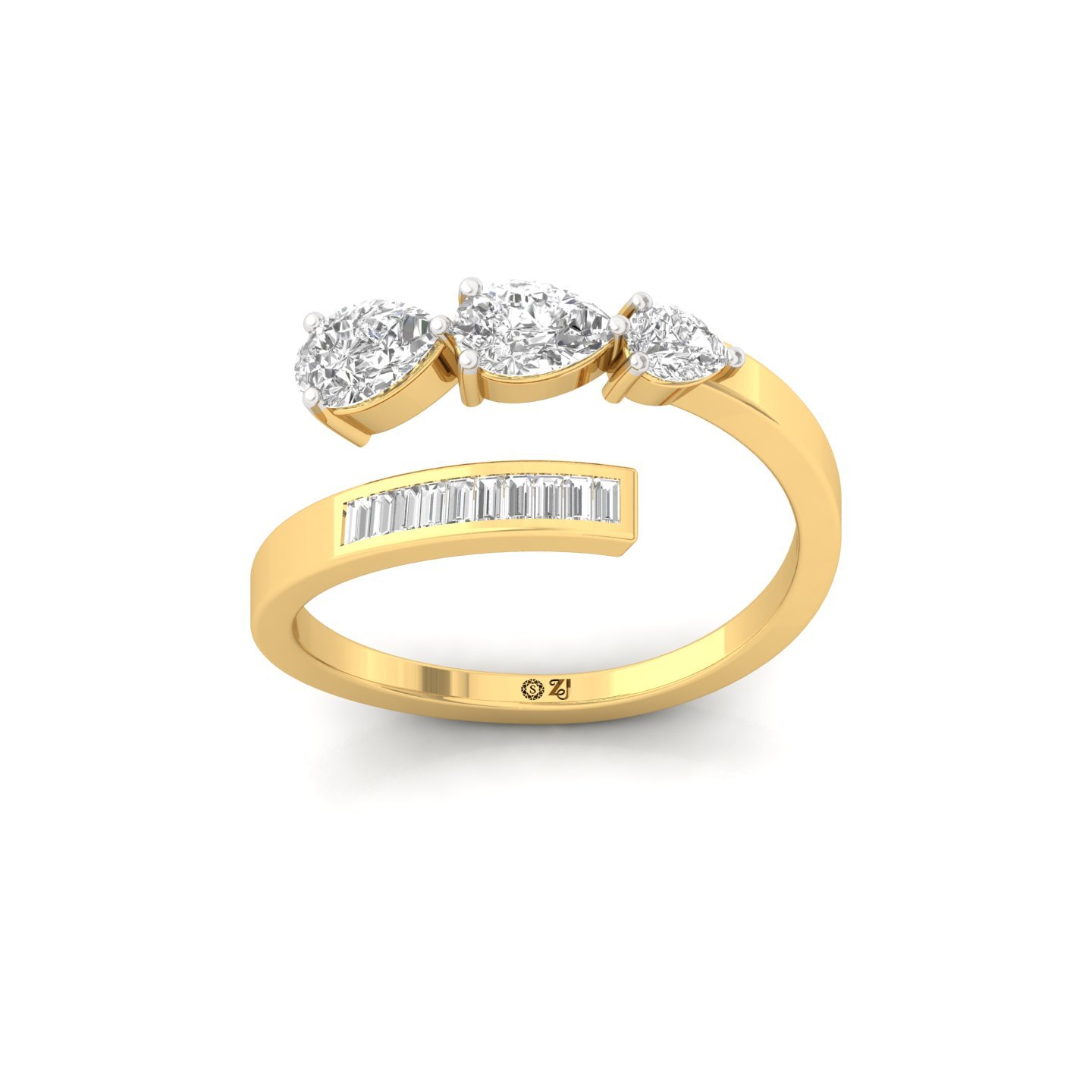 Pear & Oval Three Stone Diamond Engagement Ring | Modern Lab Grown CVD Diamond Baguette Band Ring | 925 Silver | 10K | 14K | 18K - Gold Main View