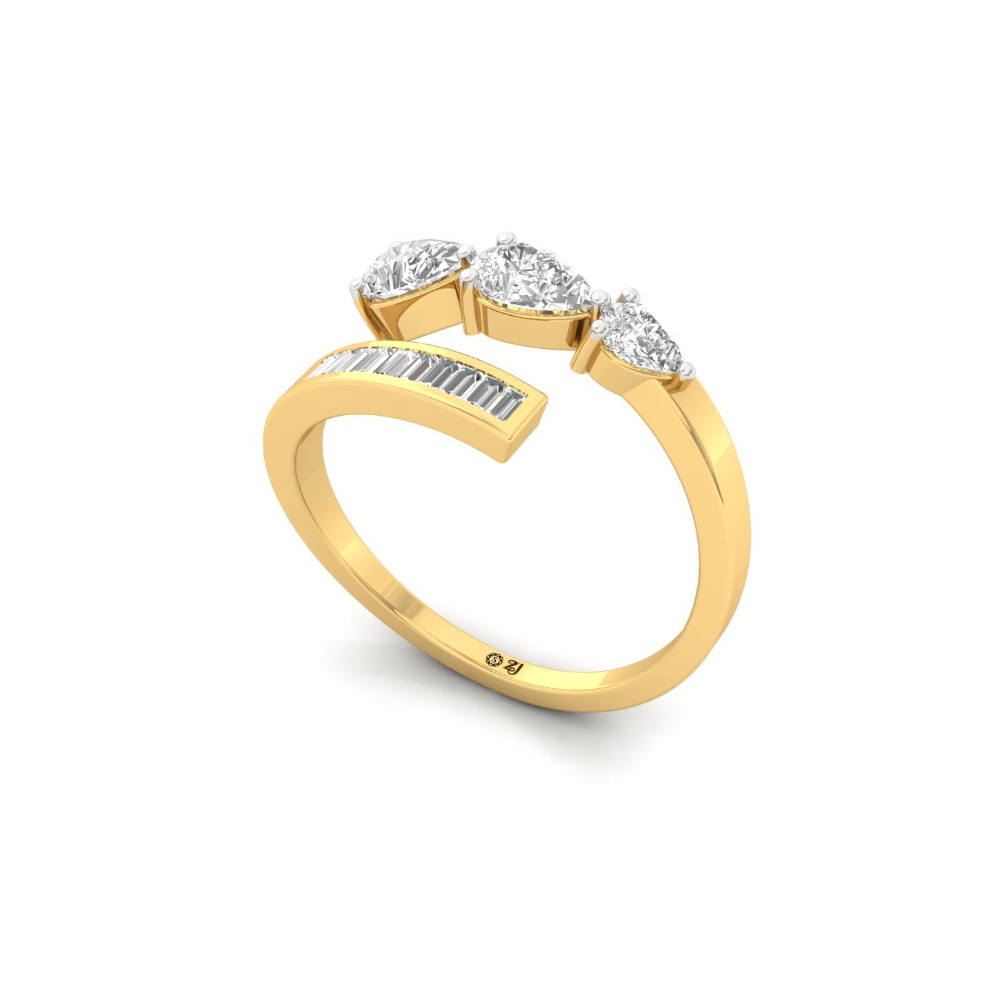 Pear & Oval Three Stone Diamond Engagement Ring | Modern Lab Grown CVD Diamond Baguette Band Ring | 925 Silver | 10K | 14K | 18K - View 2