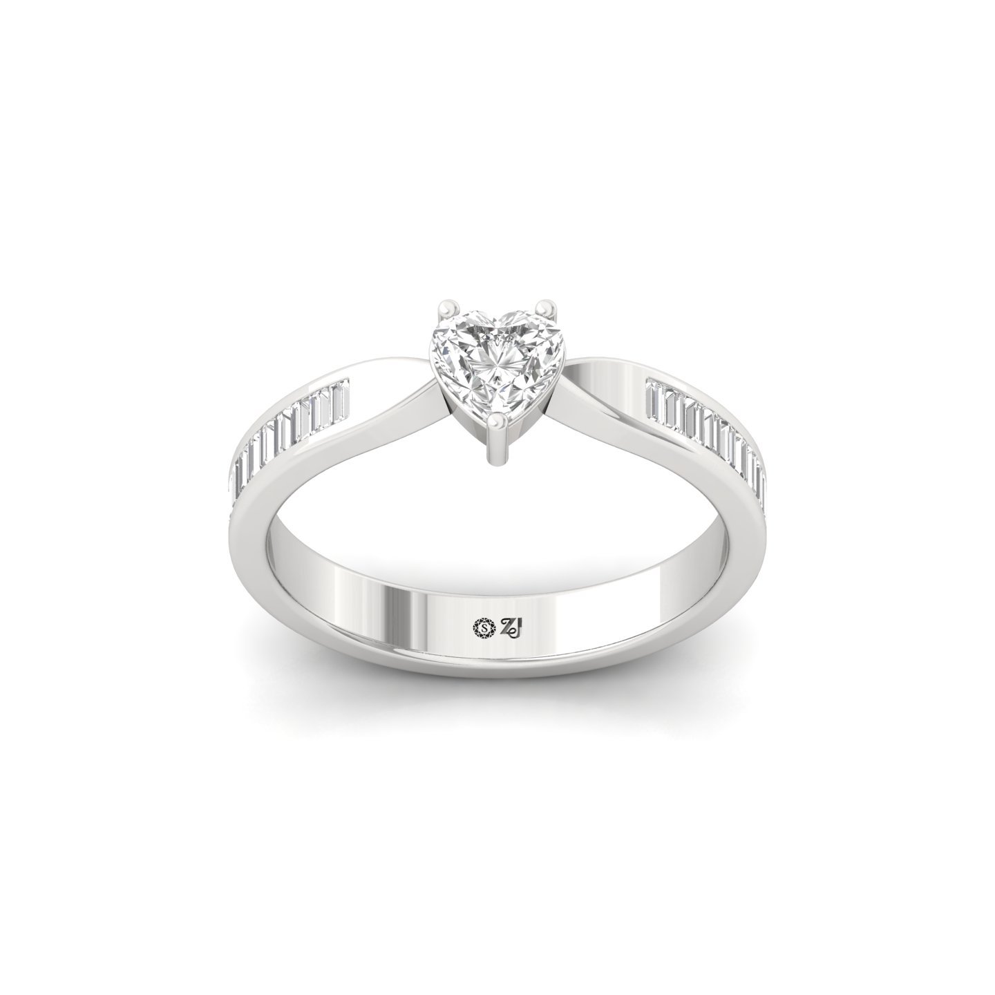 Heart Cut Diamond Engagement Ring | Lab Grown CVD Diamond Solitaire with Baguette Accents | 925 Silver | 10K | 14K | 18K - Main View