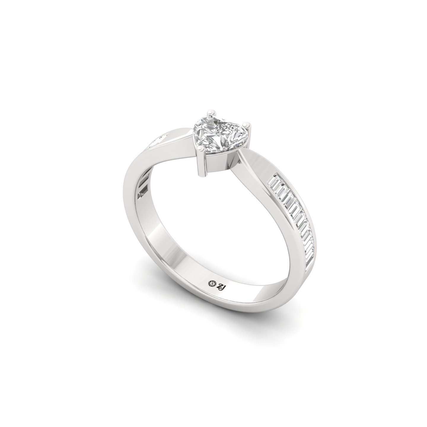 Heart Cut Diamond Engagement Ring | Lab Grown CVD Diamond Solitaire with Baguette Accents | 925 Silver | 10K | 14K | 18K - View 2