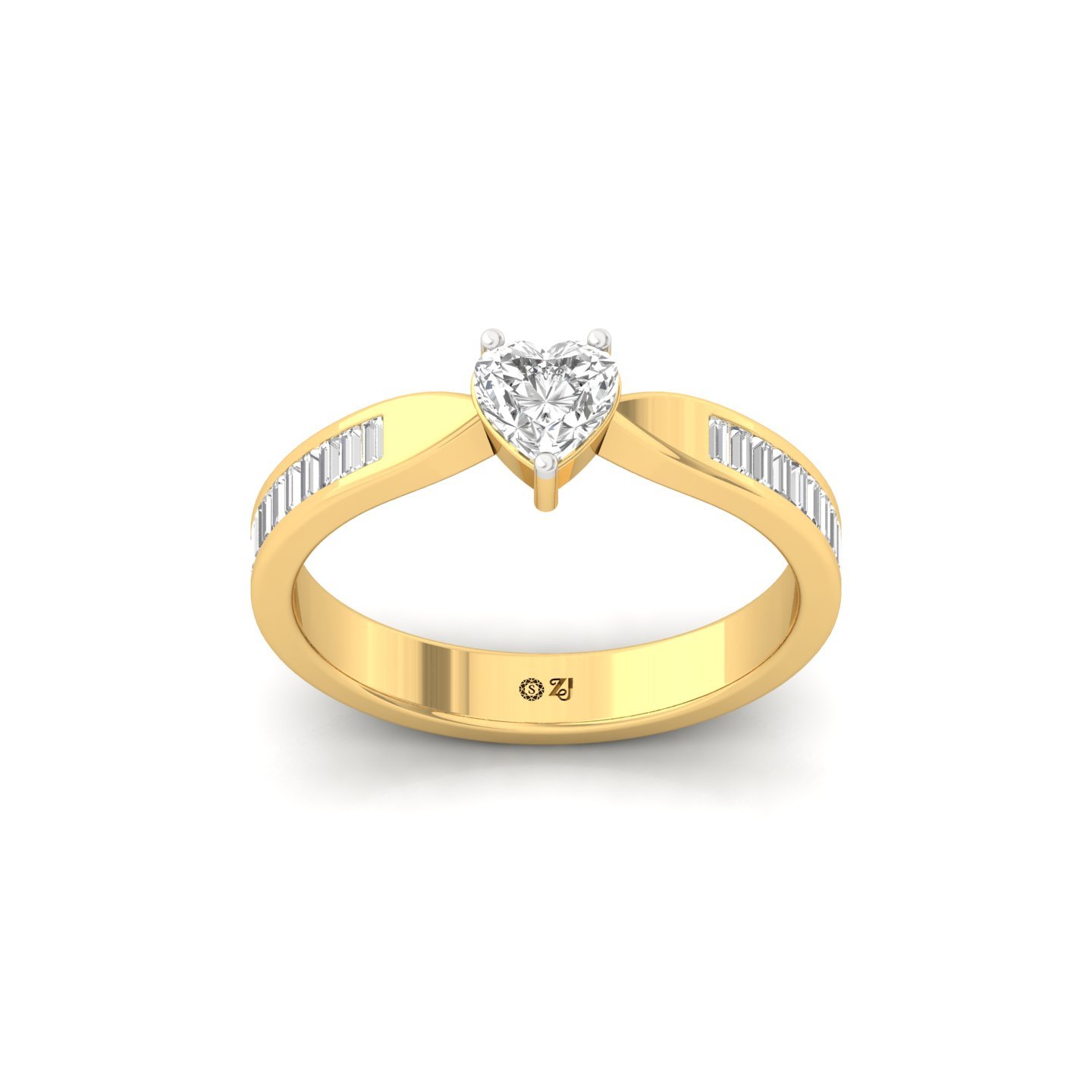 Heart Cut Diamond Engagement Ring | Lab Grown CVD Diamond Solitaire with Baguette Accents | 925 Silver | 10K | 14K | 18K - Gold Main View