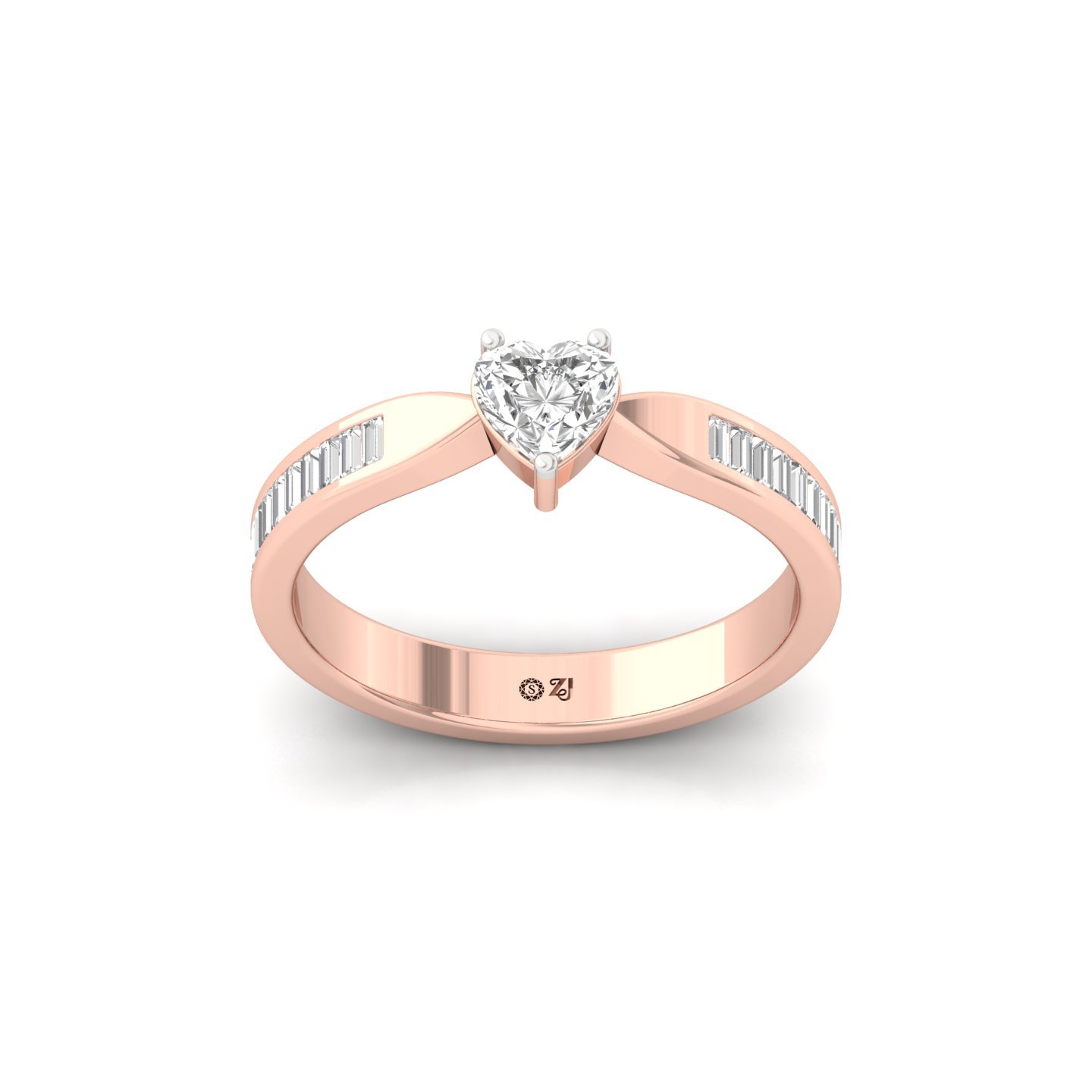 Heart Cut Diamond Engagement Ring | Lab Grown CVD Diamond Solitaire with Baguette Accents | 925 Silver | 10K | 14K | 18K - Rose Gold Main View