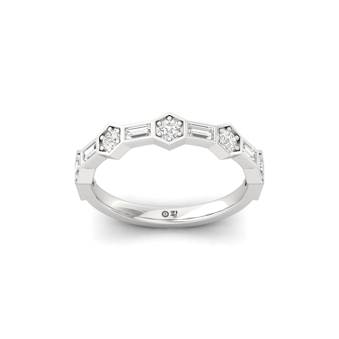 Hexagon & Baguette Diamond Ring | Lab Grown CVD Diamond Art Deco Style Band | 925 Silver | 10K | 14K | 18K - Main View