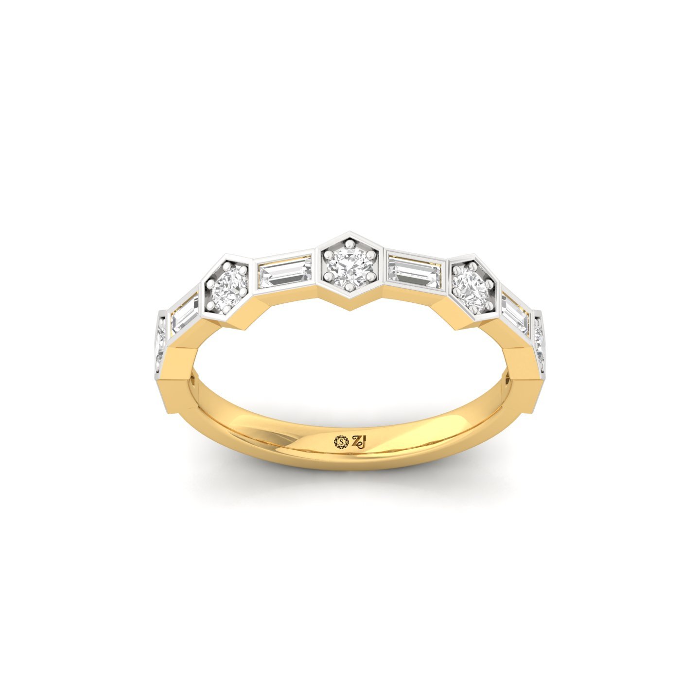Hexagon & Baguette Diamond Ring | Lab Grown CVD Diamond Art Deco Style Band | 925 Silver | 10K | 14K | 18K - Gold Main View
