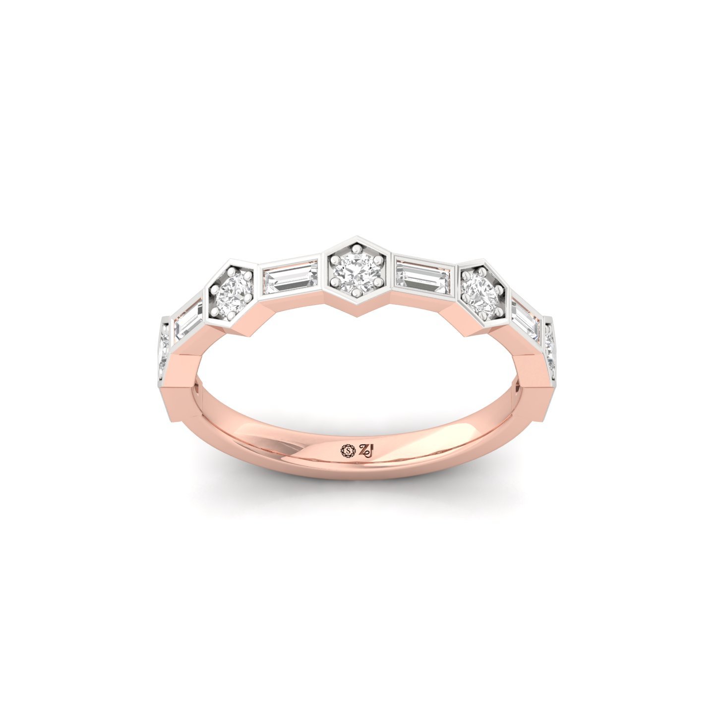 Hexagon & Baguette Diamond Ring | Lab Grown CVD Diamond Art Deco Style Band | 925 Silver | 10K | 14K | 18K - Rose Gold Main View