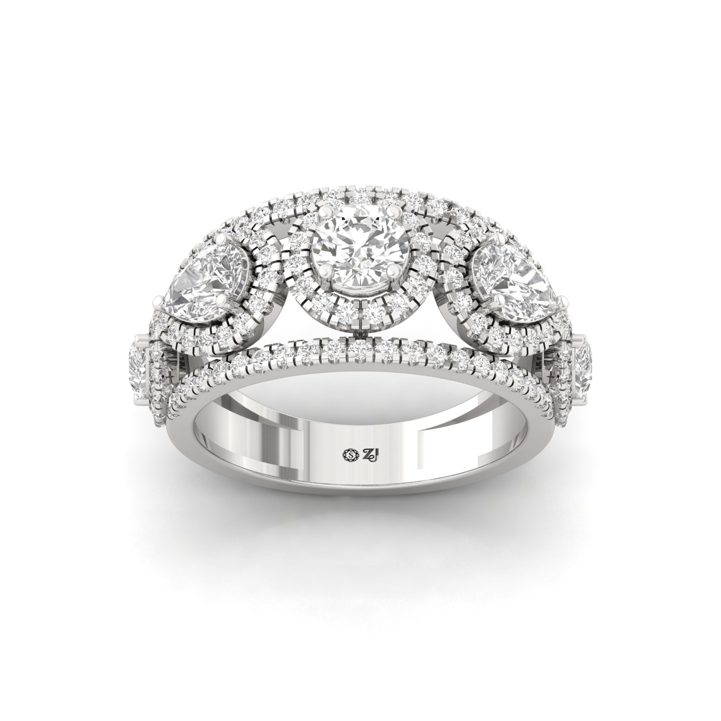 Round & Pear Diamond Designer Halo Ring | Lab Grown CVD Diamond Luxury Engagement Ring | 925 Silver | 10K | 14K | 18K - Main View