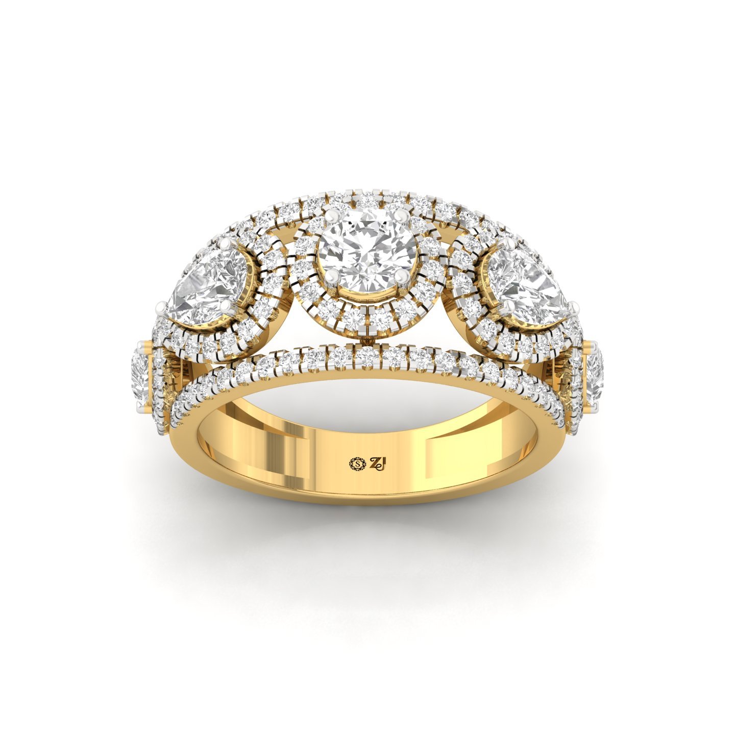 Round & Pear Diamond Designer Halo Ring | Lab Grown CVD Diamond Luxury Engagement Ring | 925 Silver | 10K | 14K | 18K - Gold Main View