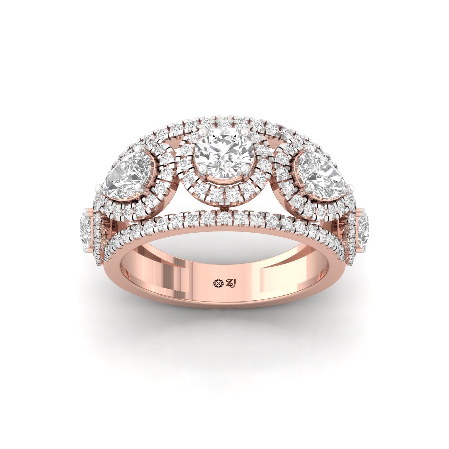 Round & Pear Diamond Designer Halo Ring | Lab Grown CVD Diamond Luxury Engagement Ring | 925 Silver | 10K | 14K | 18K - Rose Gold Main View