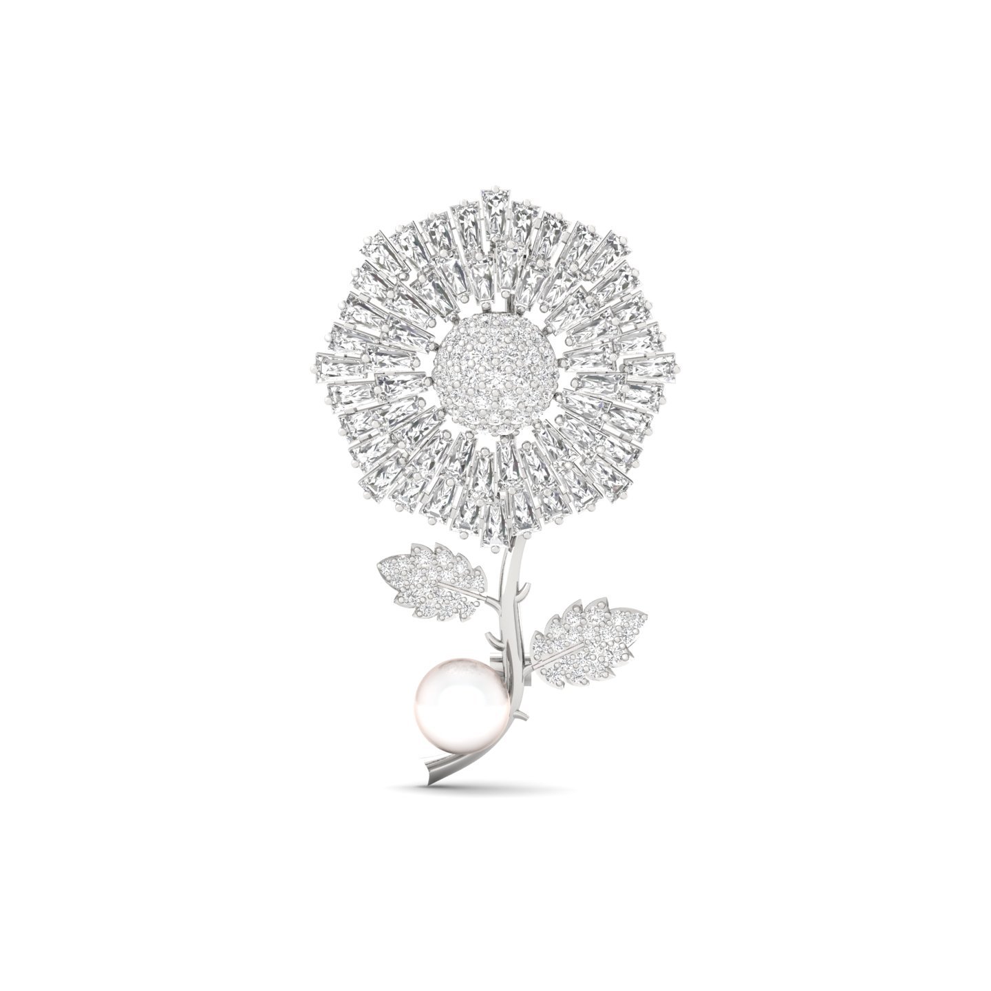 Diamond Floral Brooch | Lab Grown CVD Diamond Baguette & Round Cut Brooch Pin | 925 Silver | 10K | 14K | 18K - Main View