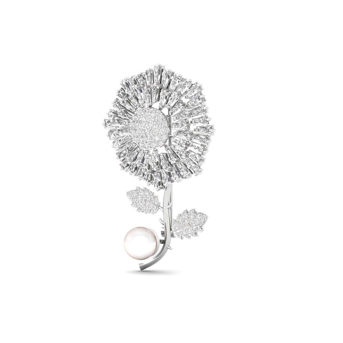 Diamond Floral Brooch | Lab Grown CVD Diamond Baguette & Round Cut Brooch Pin | 925 Silver | 10K | 14K | 18K - View 2