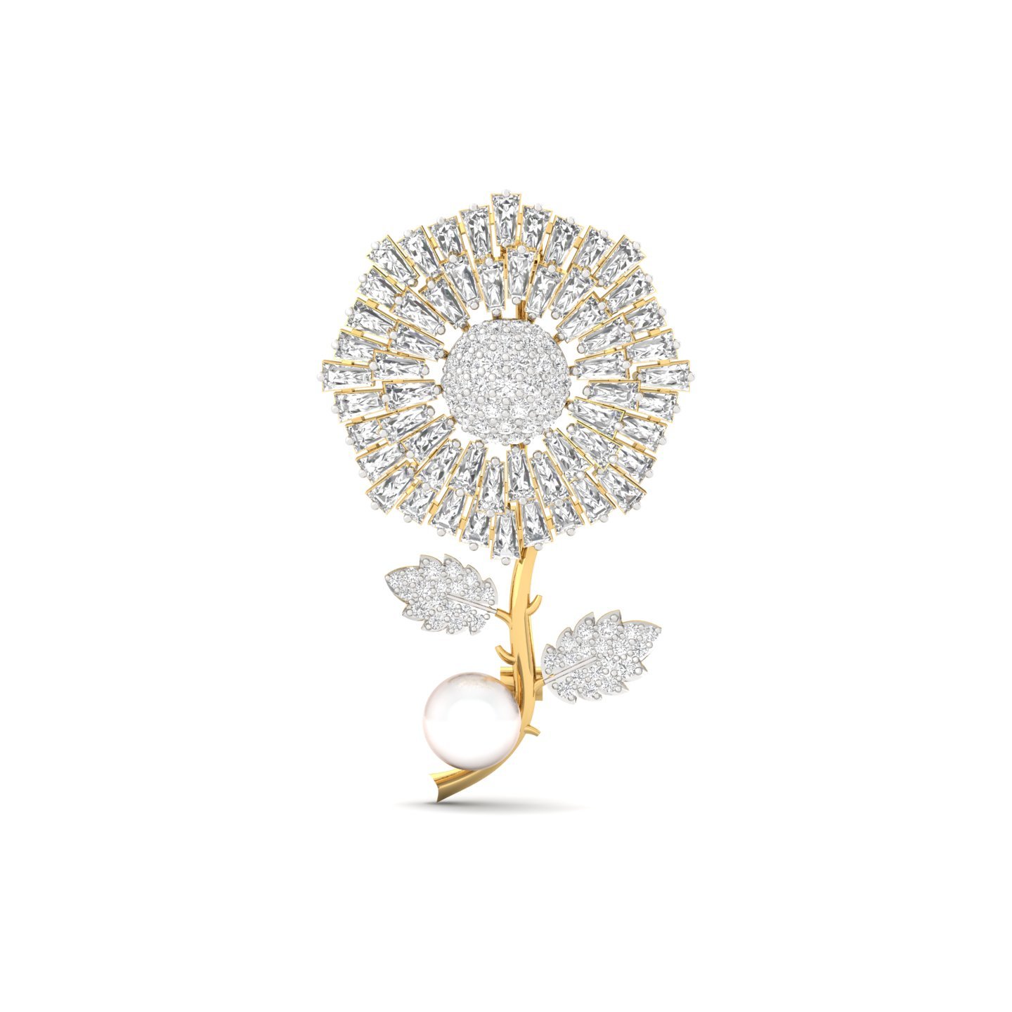 Diamond Floral Brooch | Lab Grown CVD Diamond Baguette & Round Cut Brooch Pin | 925 Silver | 10K | 14K | 18K - Gold Main View