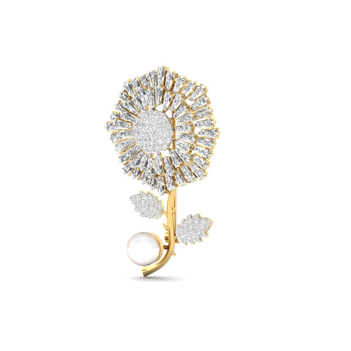 Diamond Floral Brooch | Lab Grown CVD Diamond Baguette & Round Cut Brooch Pin | 925 Silver | 10K | 14K | 18K - View 2